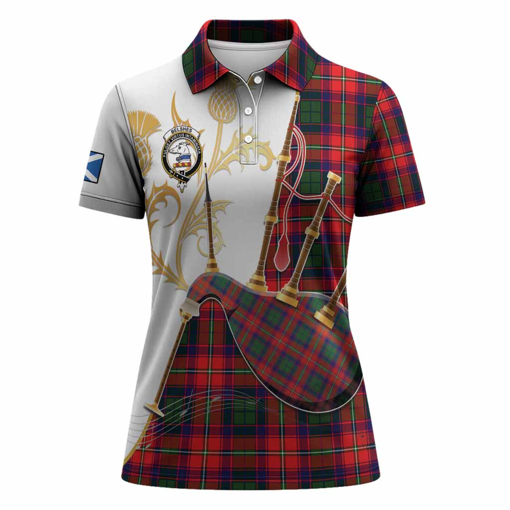Belshes (Belsches) Tartan Family Crest Women Polo Shirt Bagpipes with Scottish Thistle