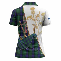 Alexander Tartan Family Crest Women Polo Shirt Bagpipes with Scottish Thistle
