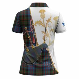 Bowie Tartan Family Crest Women Polo Shirt Bagpipes with Scottish Thistle