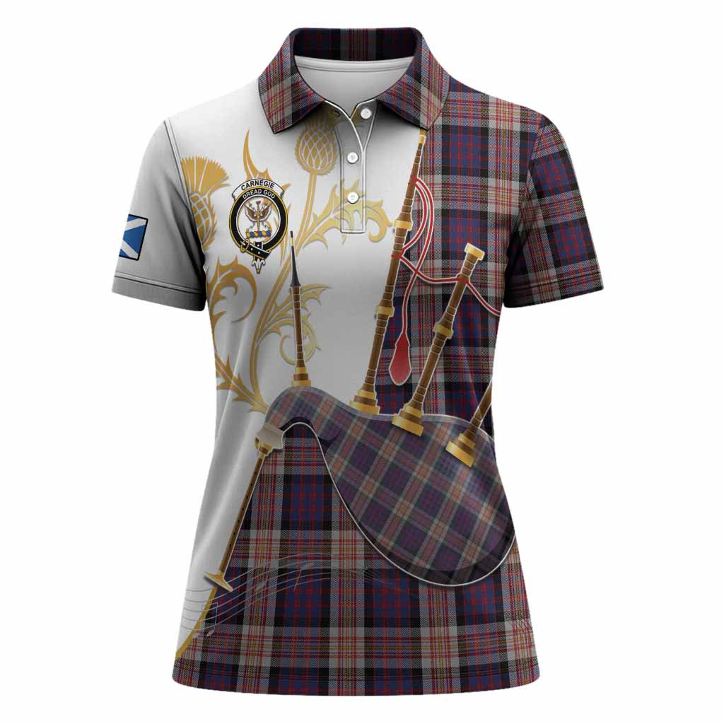 Carnegie Tartan Family Crest Women Polo Shirt Bagpipes with Scottish Thistle