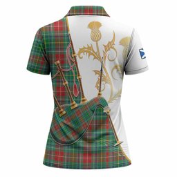 Muirhead Tartan Family Crest Women Polo Shirt Bagpipes with Scottish Thistle
