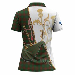Menzies Tartan Family Crest Women Polo Shirt Bagpipes with Scottish Thistle