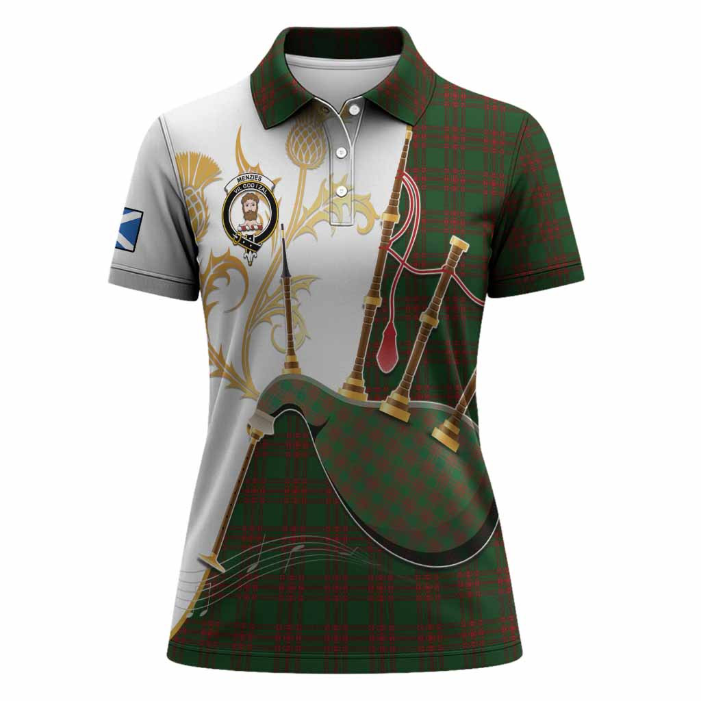 Menzies Tartan Family Crest Women Polo Shirt Bagpipes with Scottish Thistle