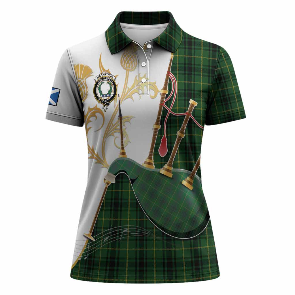 MacArthur (McArthur) Tartan Family Crest Women Polo Shirt Bagpipes with Scottish Thistle