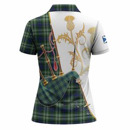 Mow Tartan Family Crest Women Polo Shirt Bagpipes with Scottish Thistle