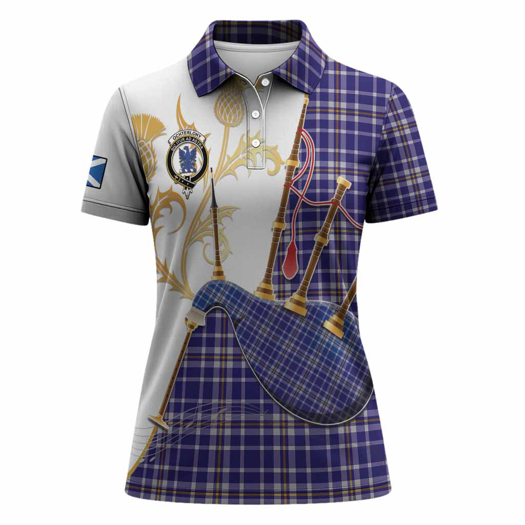 Ochterlony Tartan Family Crest Women Polo Shirt Bagpipes with Scottish Thistle
