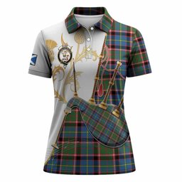 Glass Tartan Family Crest Women Polo Shirt Bagpipes with Scottish Thistle