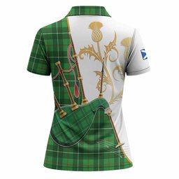 Galloway Tartan Family Crest Women Polo Shirt Bagpipes with Scottish Thistle