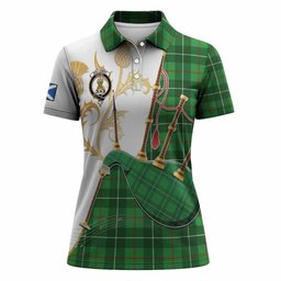 Galloway Tartan Family Crest Women Polo Shirt Bagpipes with Scottish Thistle