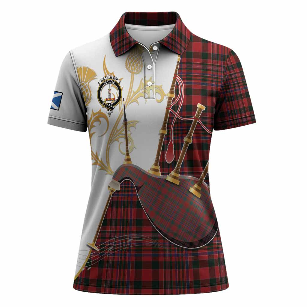 MacAlister (McAlister) Tartan Family Crest Women Polo Shirt Bagpipes with Scottish Thistle