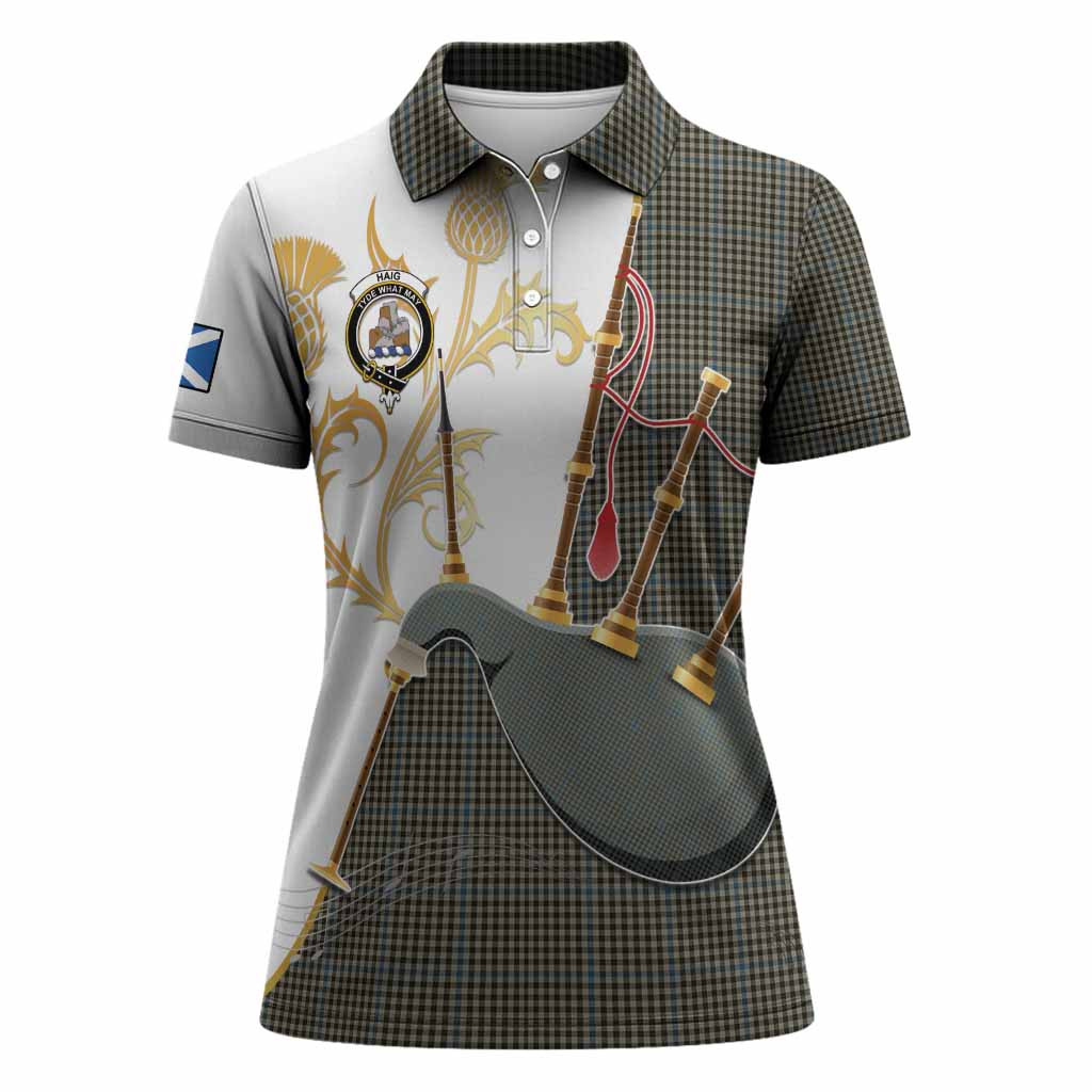 Haig Tartan Family Crest Women Polo Shirt Bagpipes with Scottish Thistle