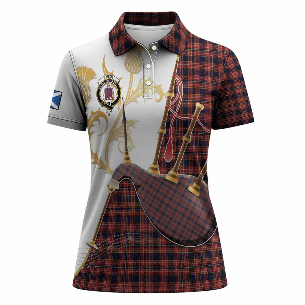 Ogilvie (Ogilvy) Tartan Family Crest Women Polo Shirt Bagpipes with Scottish Thistle