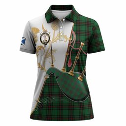 Logie Tartan Family Crest Women Polo Shirt Bagpipes with Scottish Thistle