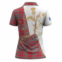 Moubray Tartan Family Crest Women Polo Shirt Bagpipes with Scottish Thistle