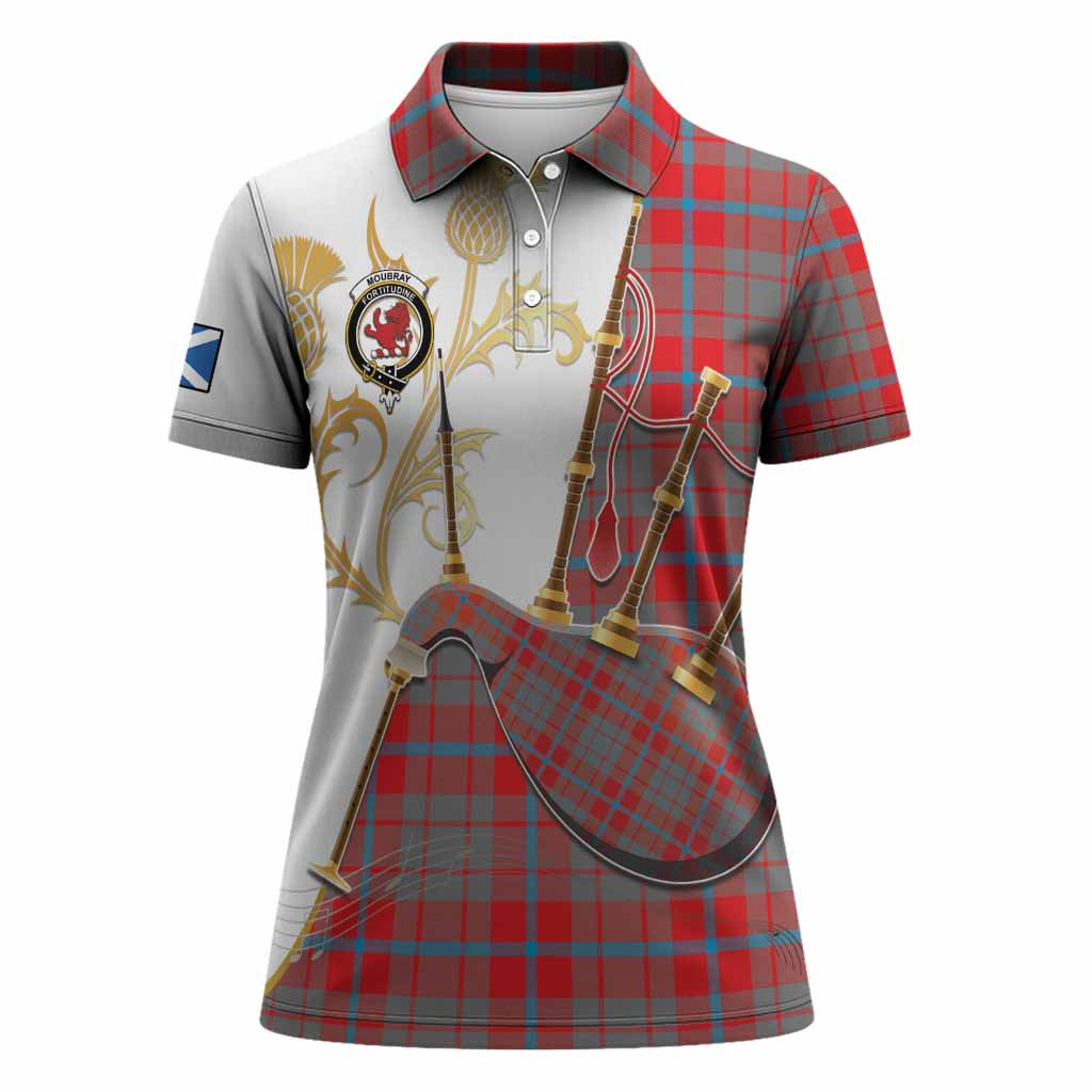 Moubray Tartan Family Crest Women Polo Shirt Bagpipes with Scottish Thistle