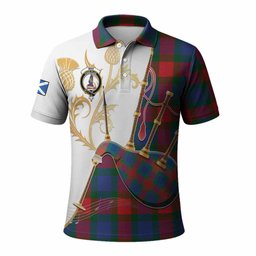 Mar Tartan Family Crest Polo Shirt Bagpipes with Scottish Thistle
