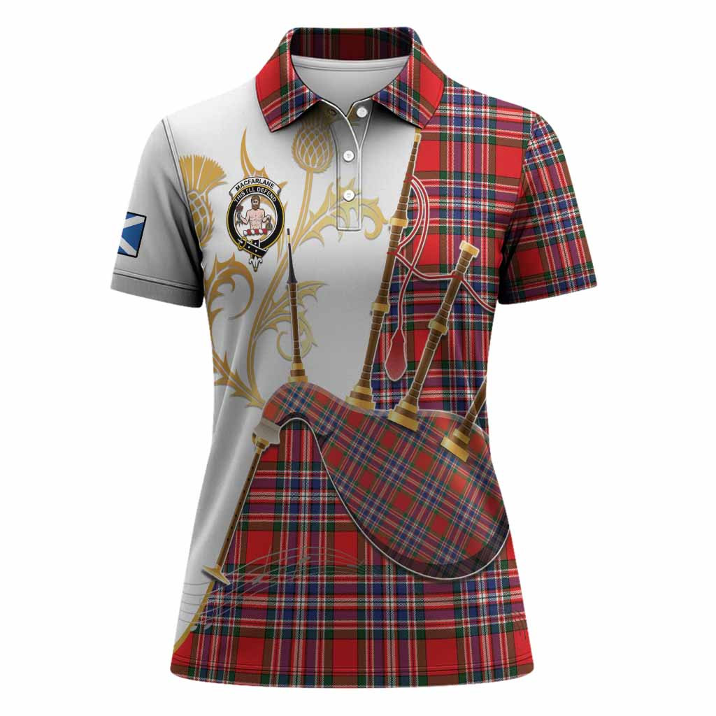 MacFarlane (McFarlane) Tartan Family Crest Women Polo Shirt Bagpipes with Scottish Thistle
