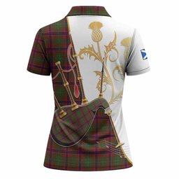 Lumsden Tartan Family Crest Women Polo Shirt Bagpipes with Scottish Thistle