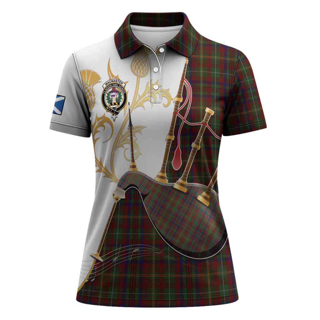 MacMaster (McMaster) Tartan Family Crest Women Polo Shirt Bagpipes with Scottish Thistle