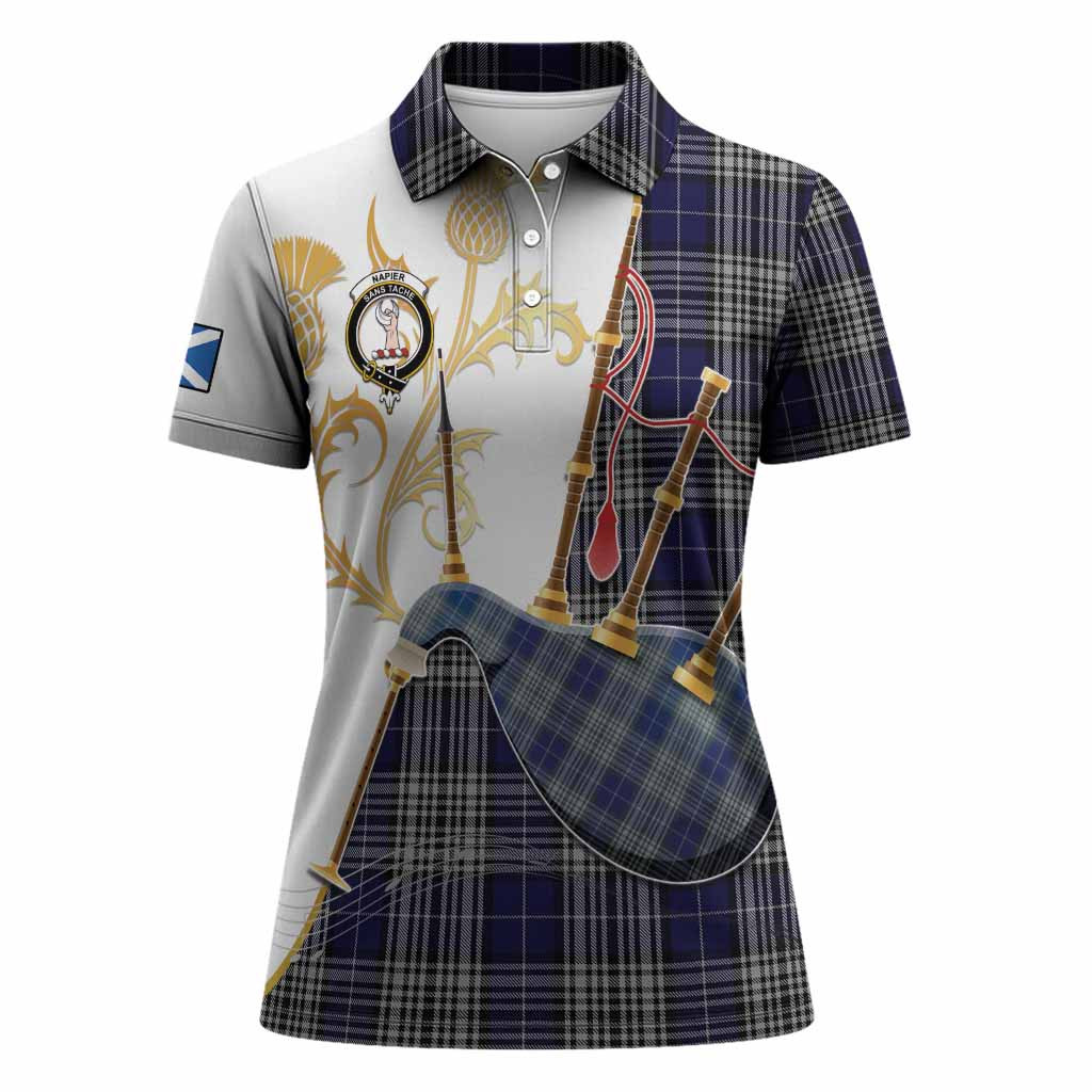 Napier Tartan Family Crest Women Polo Shirt Bagpipes with Scottish Thistle
