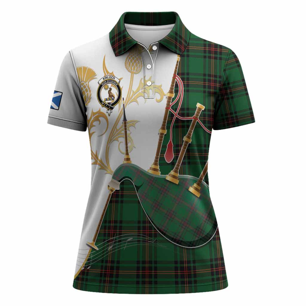Kinloch Tartan Family Crest Women Polo Shirt Bagpipes with Scottish Thistle
