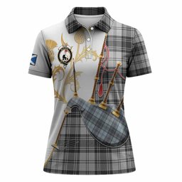 Glen Tartan Family Crest Women Polo Shirt Bagpipes with Scottish Thistle
