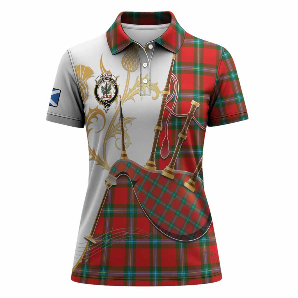 MacLaine (McLaine) Tartan Family Crest Women Polo Shirt Bagpipes with Scottish Thistle