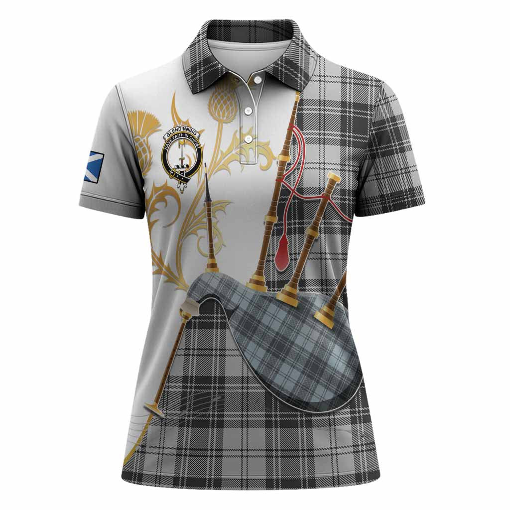 Glendinning Tartan Family Crest Women Polo Shirt Bagpipes with Scottish Thistle