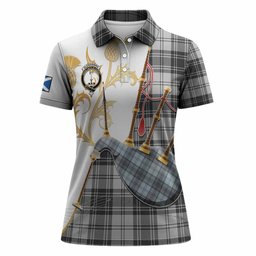 Glendinning Tartan Family Crest Women Polo Shirt Bagpipes with Scottish Thistle