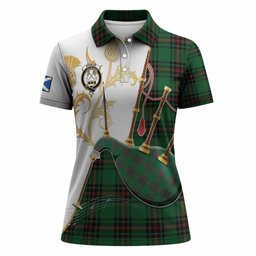 Kinnear Tartan Family Crest Women Polo Shirt Bagpipes with Scottish Thistle