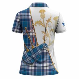 Hutton Tartan Family Crest Women Polo Shirt Bagpipes with Scottish Thistle