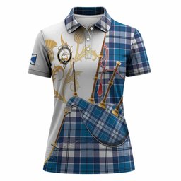Hutton Tartan Family Crest Women Polo Shirt Bagpipes with Scottish Thistle