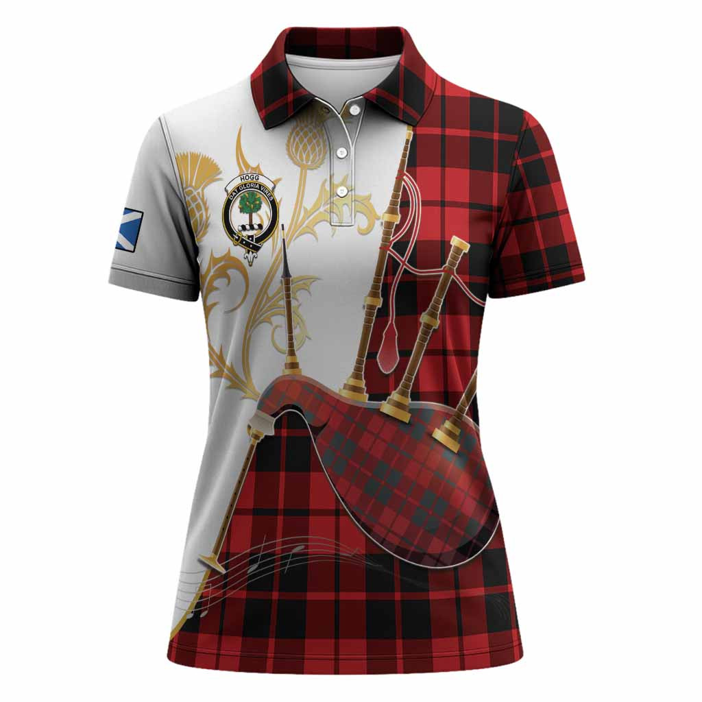 Hogg (Hog) Tartan Family Crest Women Polo Shirt Bagpipes with Scottish Thistle