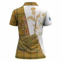 Houston Tartan Family Crest Women Polo Shirt Bagpipes with Scottish Thistle