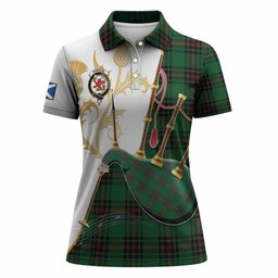 Primrose Tartan Family Crest Women Polo Shirt Bagpipes with Scottish Thistle