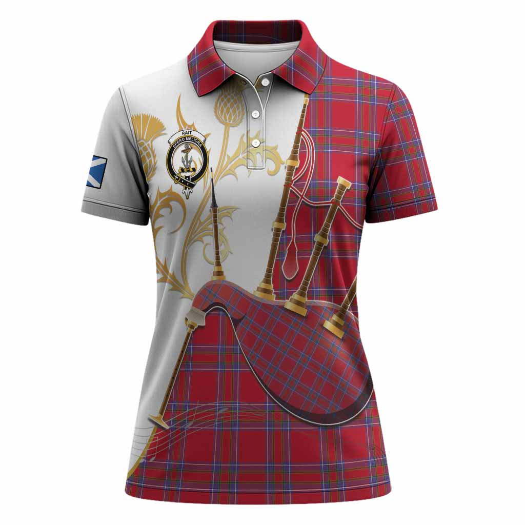 Rait Tartan Family Crest Women Polo Shirt Bagpipes with Scottish Thistle