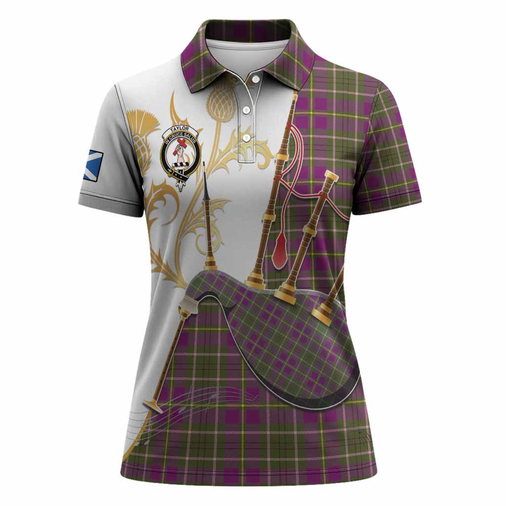 Taylor (Tailyour) Tartan Family Crest Women Polo Shirt Bagpipes with Scottish Thistle