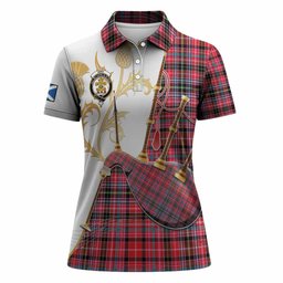Udny Tartan Family Crest Women Polo Shirt Bagpipes with Scottish Thistle