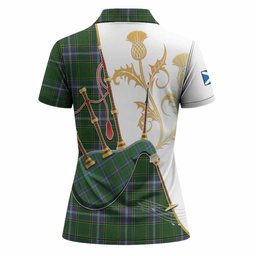 Pringle Tartan Family Crest Women Polo Shirt Bagpipes with Scottish Thistle