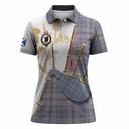 Tweedie Tartan Family Crest Women Polo Shirt Bagpipes with Scottish Thistle