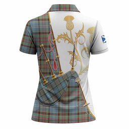 Walkinshaw Tartan Family Crest Women Polo Shirt Bagpipes with Scottish Thistle