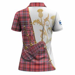 Straiton Tartan Family Crest Women Polo Shirt Bagpipes with Scottish Thistle