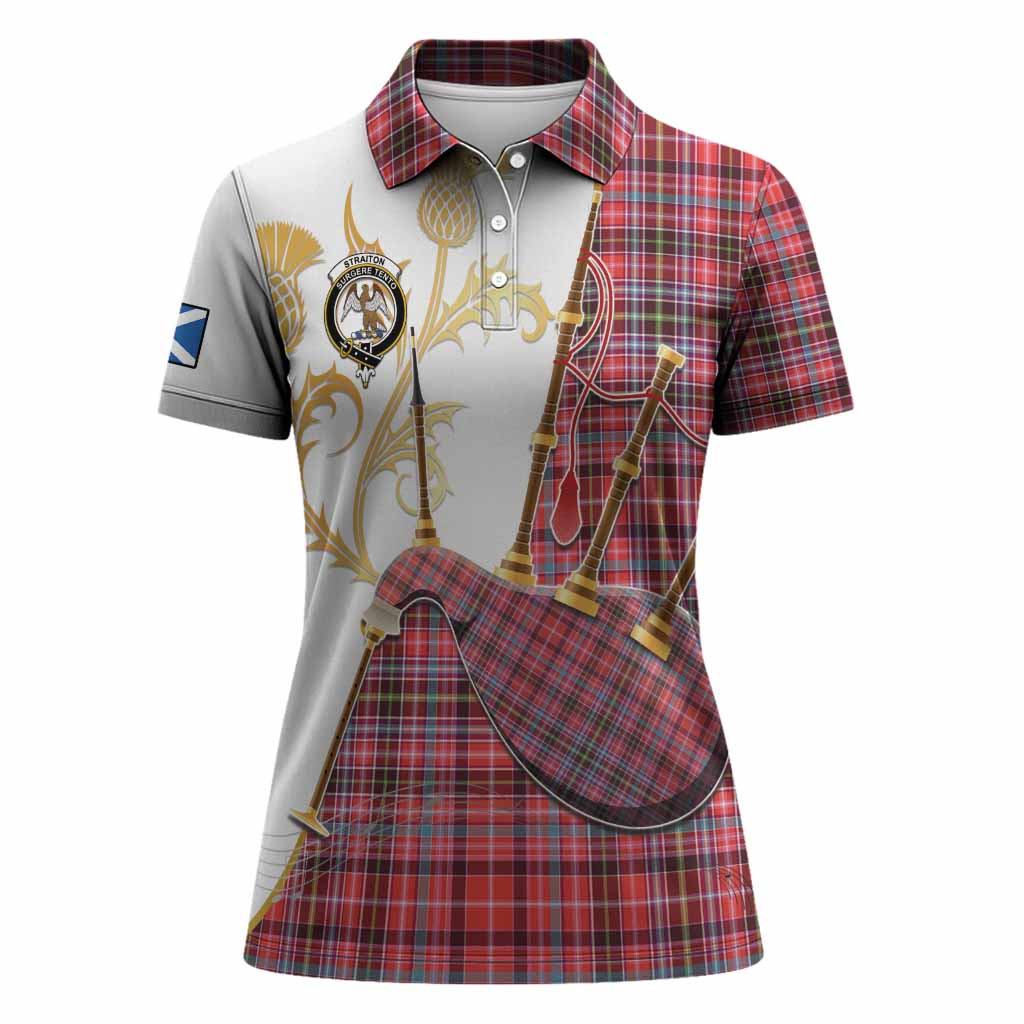 Straiton Tartan Family Crest Women Polo Shirt Bagpipes with Scottish Thistle
