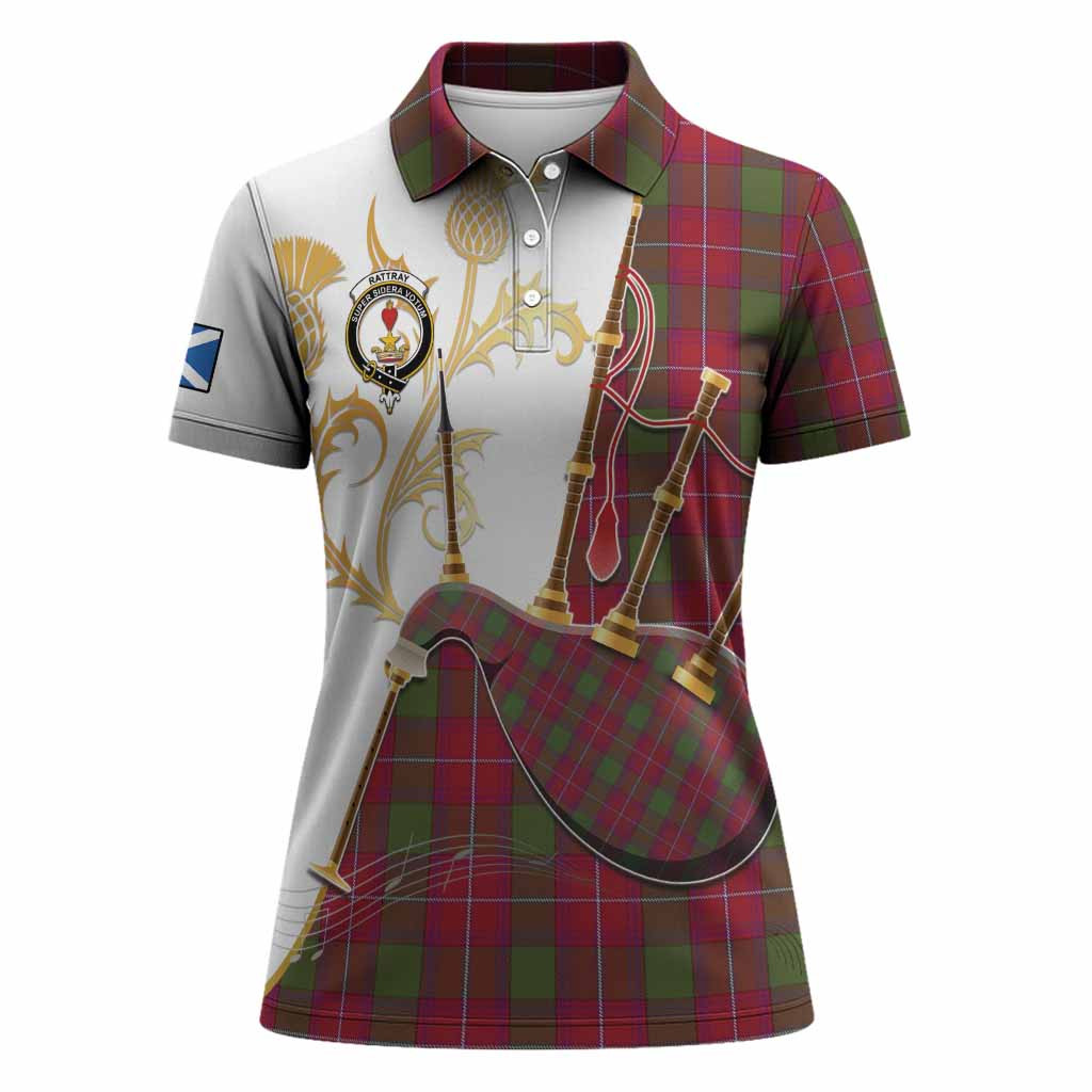 Rattray Tartan Family Crest Women Polo Shirt Bagpipes with Scottish Thistle