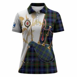 Smith Tartan Family Crest Women Polo Shirt Bagpipes with Scottish Thistle