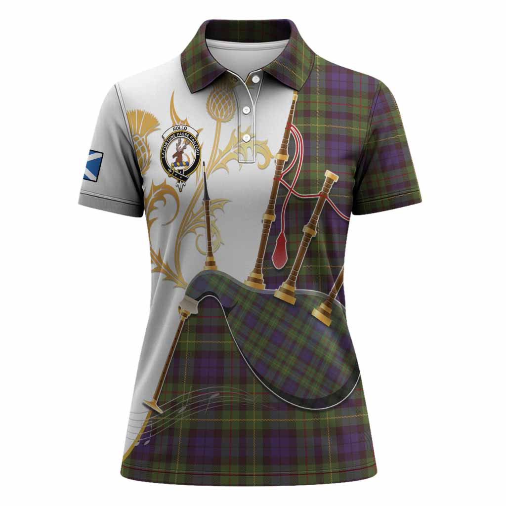 Rollo Tartan Family Crest Women Polo Shirt Bagpipes with Scottish Thistle