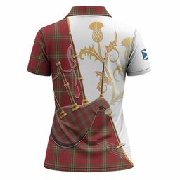 Scott Tartan Family Crest Women Polo Shirt Bagpipes with Scottish Thistle