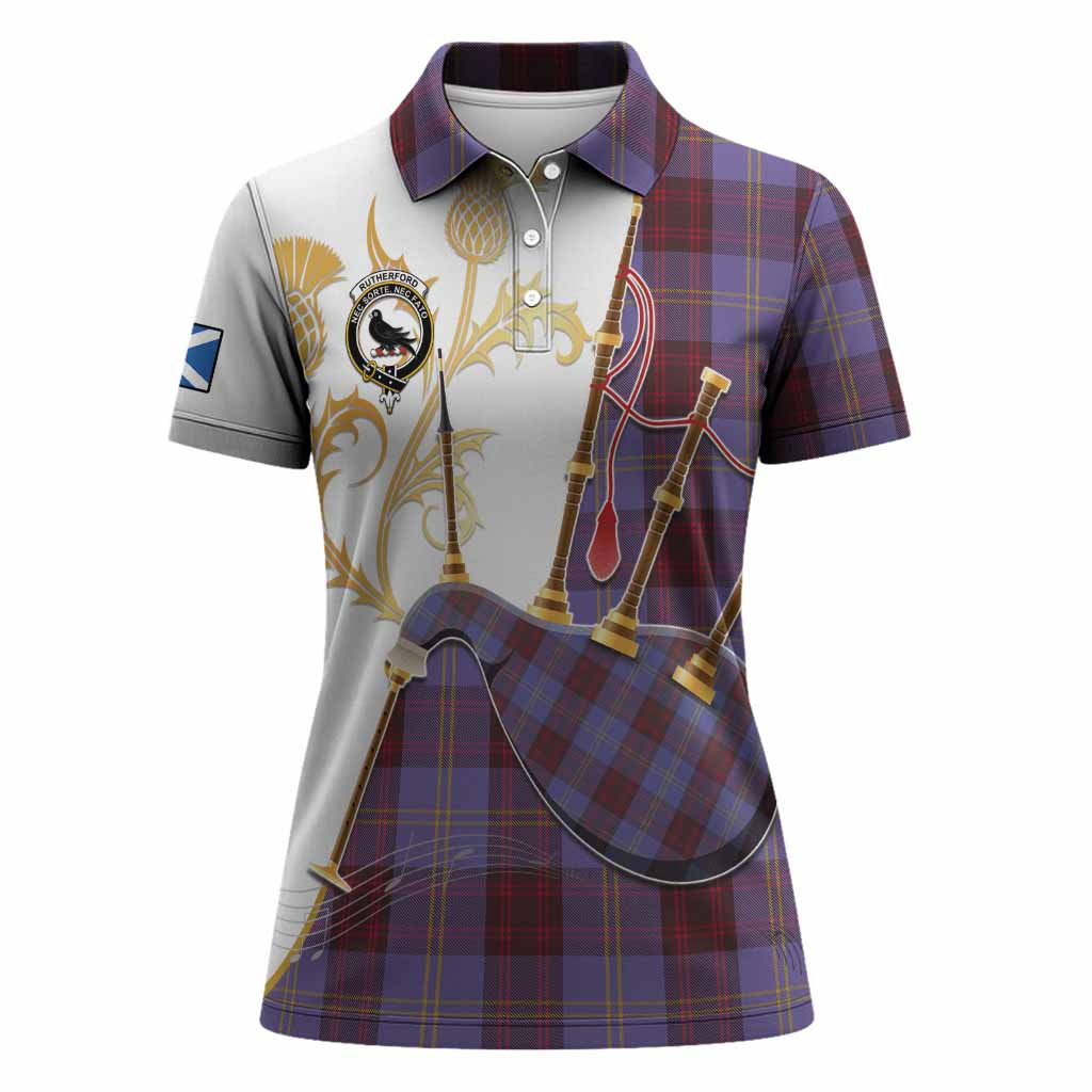 Rutherford Tartan Family Crest Women Polo Shirt Bagpipes with Scottish Thistle