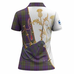 Strachan Tartan Family Crest Women Polo Shirt Bagpipes with Scottish Thistle