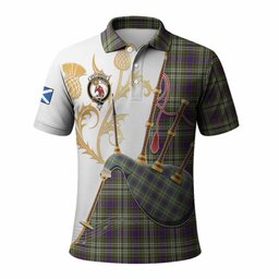 Spottiswood Tartan Family Crest Polo Shirt Bagpipes with Scottish Thistle